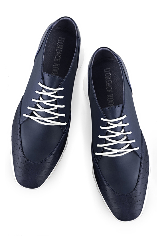 Navy blue women's casual lace-up shoes. Square toe. Low rubber soles. Top view - Florence KOOIJMAN